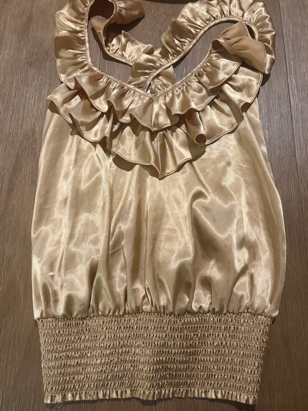 Y2K Arden B Satin Ruffle Elastic Waist Going Out Top in Champagne M